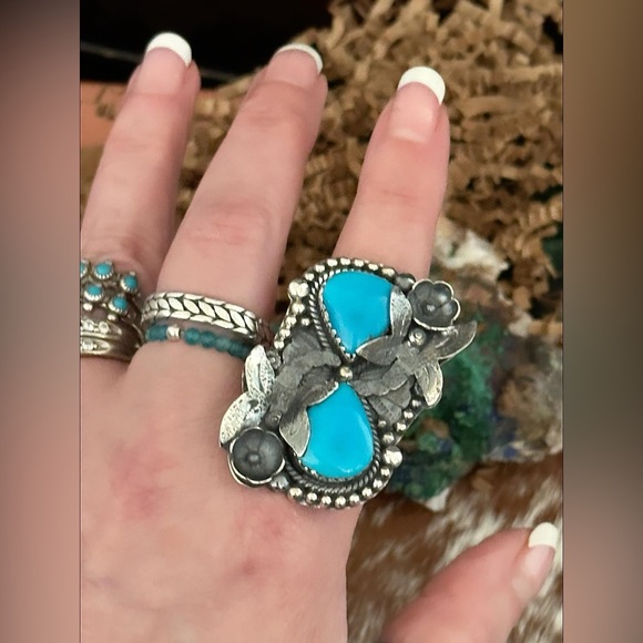 Sleeping beauty turquoise dragonfly statement sterling silver ring - Picture 11 of 15